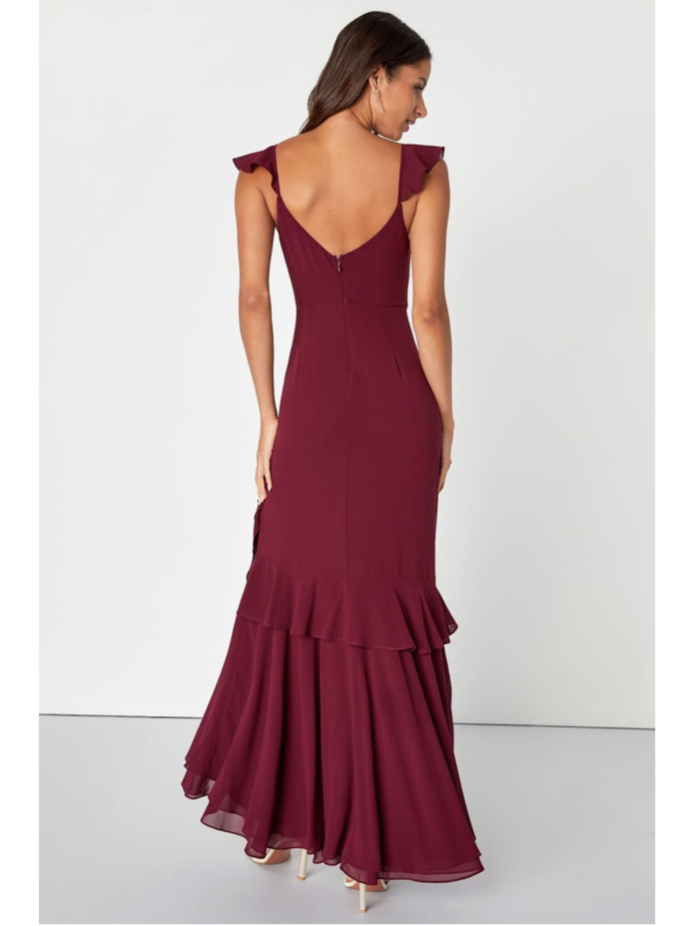 NWT Lulus Charming Event Burgundy Asymmetrical Ruffled Maxi Dress - Picture 2 of 10